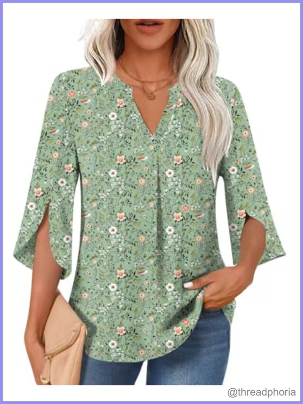 Womens Tunic Top 3/4 Sleeve V-Neck Blouse Relaxed Fit Floral